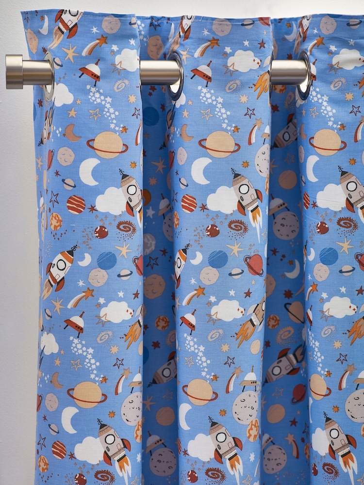 Blue Space Rocket and Planets Eyelet Blackout Curtains - Image 2 of 4