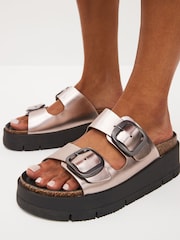 Pewter Silver Forever Comfort® Leather Double Buckle Flatform Sandals - Image 2 of 7