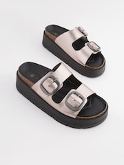 Pewter Silver Forever Comfort® Leather Double Buckle Flatform Sandals - Image 3 of 7