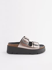 Pewter Silver Forever Comfort® Leather Double Buckle Flatform Sandals - Image 4 of 7