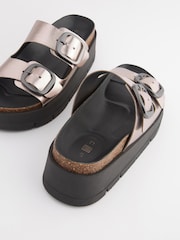 Pewter Silver Forever Comfort® Leather Double Buckle Flatform Sandals - Image 5 of 7