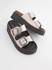 Pewter Silver Forever Comfort® Leather Double Buckle Flatform Sandals - Image 6 of 7