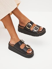 Black Forever Comfort® Leather Double Buckle Flatform Sandals - Image 1 of 8