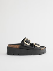 Black Forever Comfort® Leather Double Buckle Flatform Sandals - Image 3 of 8