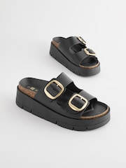 Black Forever Comfort® Leather Double Buckle Flatform Sandals - Image 4 of 8