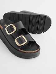 Black Forever Comfort® Leather Double Buckle Flatform Sandals - Image 5 of 8