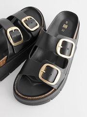 Black Forever Comfort® Leather Double Buckle Flatform Sandals - Image 6 of 8