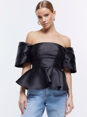 River Island Black Off Shoulder Peplum Top - Image 1 of 6