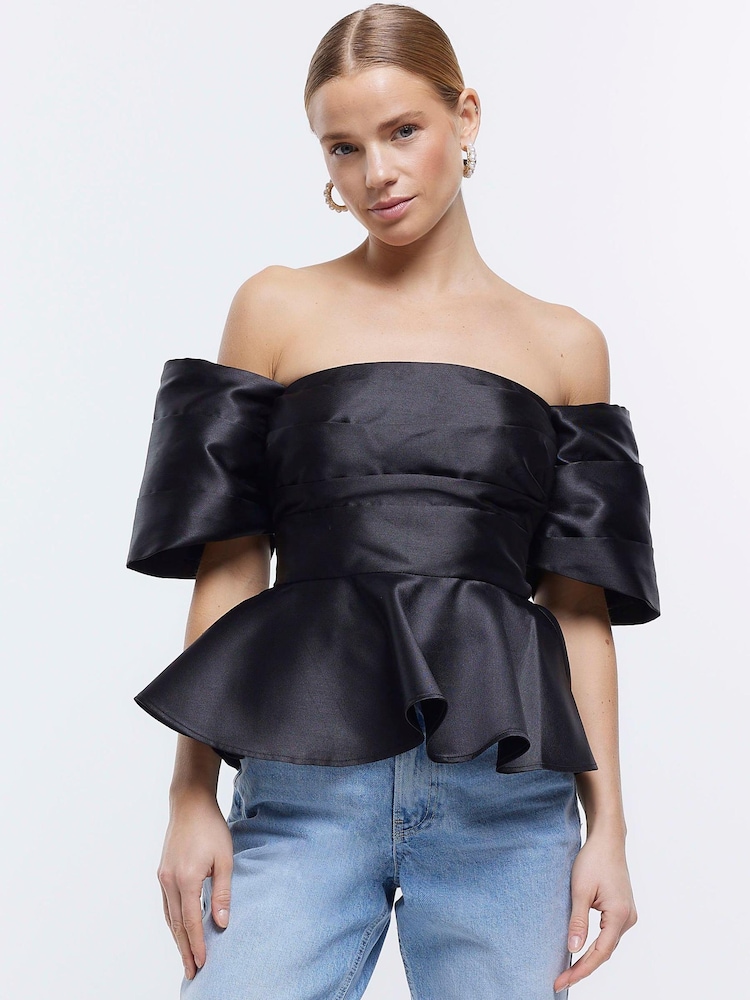 River Island Black Off Shoulder Peplum Top - Image 1 of 6