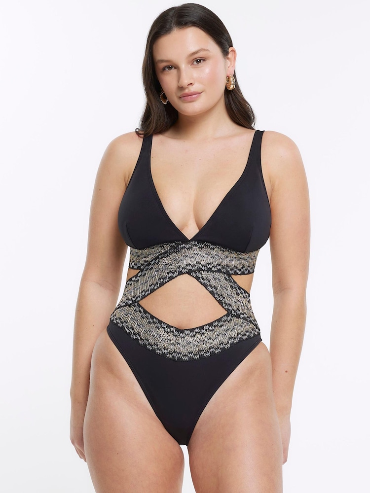 River Island Black Plunge Elastic Swimsuit - Image 1 of 3