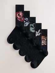Black Japan Animals Pattern Socks 5 Pack - Image 1 of 8