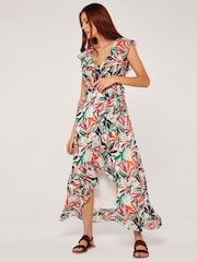 Apricot Cream Multi Palm Print Ruffle Wrap Midi Dress - Image 3 of 4