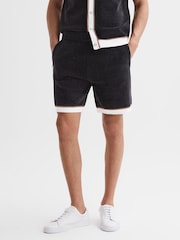 Reiss Black Fielder Relaxed Fit Elasticated Chenille Shorts - Image 1 of 5