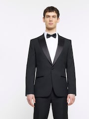 River Island Black Slim Tuxedo 100% Cotton Suit Jacket - Image 1 of 3