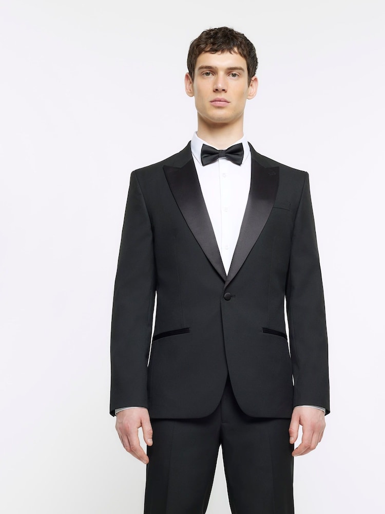 River Island Black Slim Tuxedo 100% Cotton Suit Jacket - Image 1 of 3