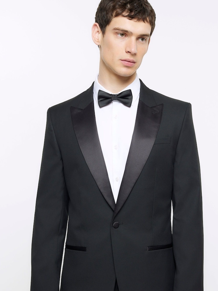 River Island Black Slim Tuxedo 100% Cotton Suit Jacket - Image 3 of 3