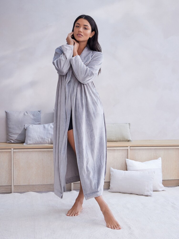 Grey Supersoft Ribbed Dressing Gown - Image 2 of 6
