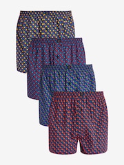 Navy/Burgundy Geo 4 pack Woven Pure 100% Cotton Boxers - Image 1 of 7