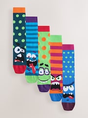 Bright Green/Blue Monster Faces Pattern Socks 5 Pack - Image 1 of 8