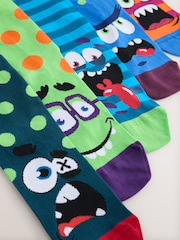 Bright Green/Blue Monster Faces Pattern Socks 5 Pack - Image 7 of 8