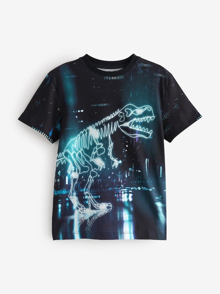 Neon Glowing Dinosaur All-Over Print Short Sleeve T-Shirt (3-16yrs) - Image 1 of 3