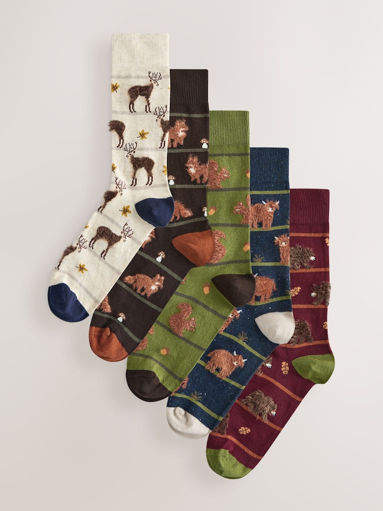 Green/ Red/ Brown Stripe Fluffy Animal Pattern Socks 5 Pack - Image 1 of 8 Green/ Red/ Brown Stripe Fluffy Animal Pattern Socks 5 Pack - Image 1 of 8