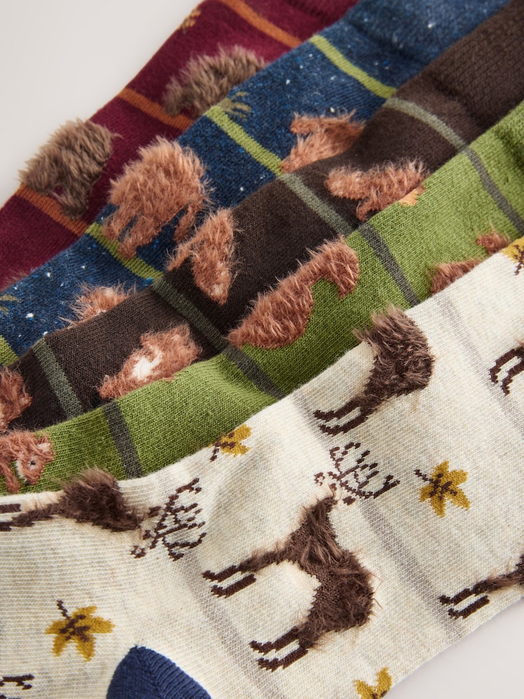 Green/ Red/ Brown Stripe Fluffy Animal Pattern Socks 5 Pack - Image 2 of 8 Green/ Red/ Brown Stripe Fluffy Animal Pattern Socks 5 Pack - Image 2 of 8