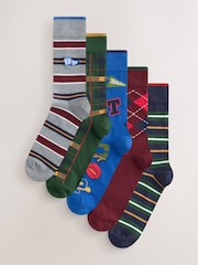 Blue/ Red Preppy Argyle Pattern Socks 5 Pack - Image 1 of 8