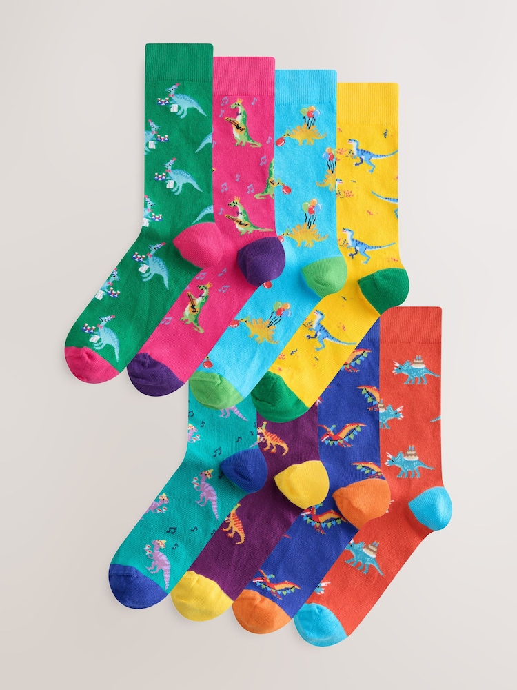 Bright Blue/ Yellow Party Dinosaur - Lot de 8 paires de chaussettes à motifs - Image 1 sur 11