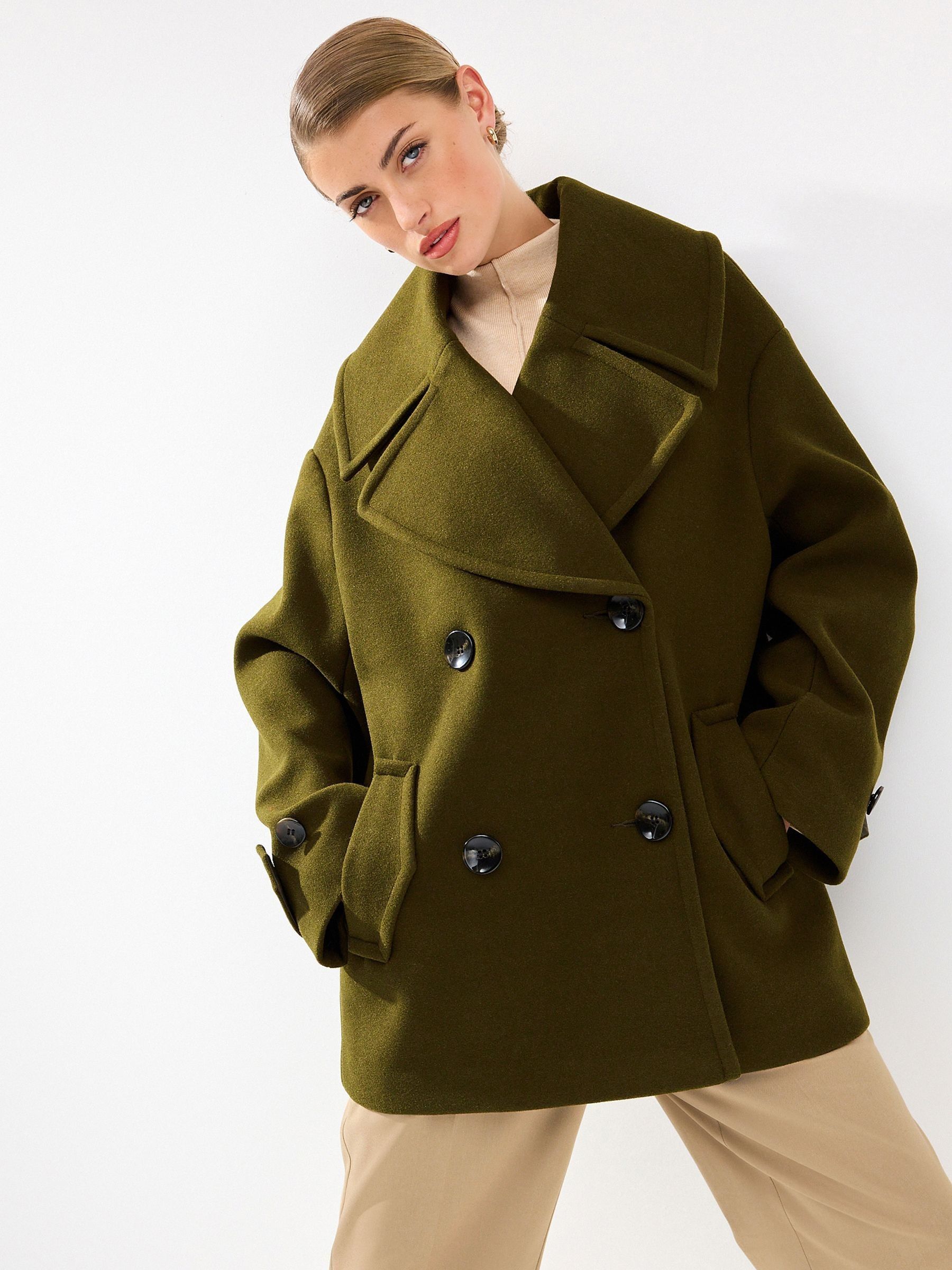 Buy Khaki Green Double Breasted Long Sleeved Peacoat from Next Luxembourg