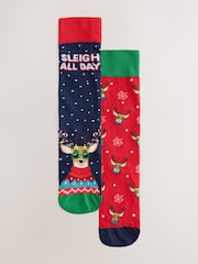 Navy/Red Sleigh all Day Reindeer Christmas Socks 2 Pack - Image 1 of 6