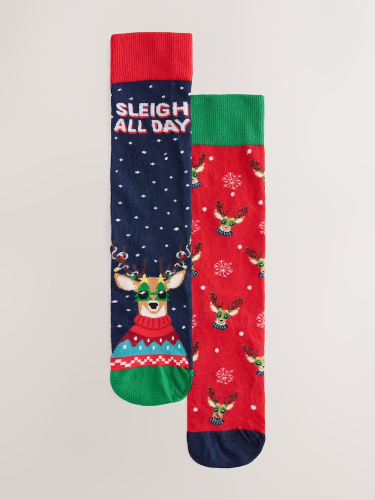 Navy/Red Sleigh all Day Reindeer Christmas Socks 2 Pack - Image 1 of 6 Navy/Red Sleigh all Day Reindeer Christmas Socks 2 Pack - Image 1 of 6