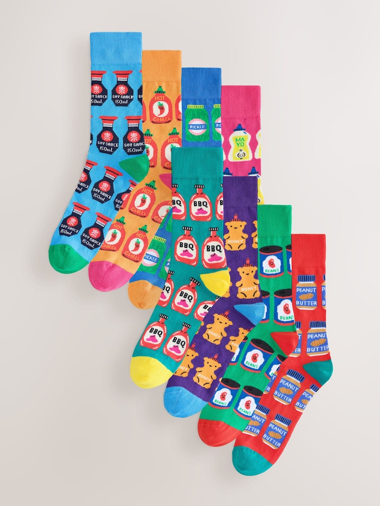 Bright Blue/Yellow/Pink Sauces Pattern Fun Socks 8 Pack - Image 1 of 11