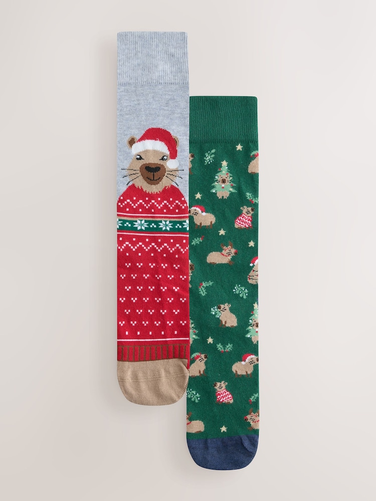 Green/ Grey Capybara Christmas Socks 2 Pack - Image 1 of 5 Green/ Grey Capybara Christmas Socks 2 Pack - Image 1 of 5