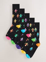 Black Neon Robots Pattern Socks 5 Pack - Image 1 of 8