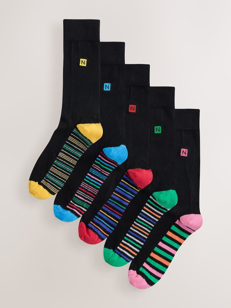 Black Bright Stripe Footbed Embroidered Lasting Fresh N Logo Heel Socks 5 Pack - Image 1 of 9 Black Bright Stripe Footbed Embroidered Lasting Fresh N Logo Heel Socks 5 Pack - Image 1 of 9