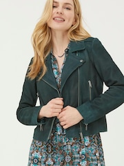FatFace Green Suzie Suede Biker Jacket - Image 1 of 6