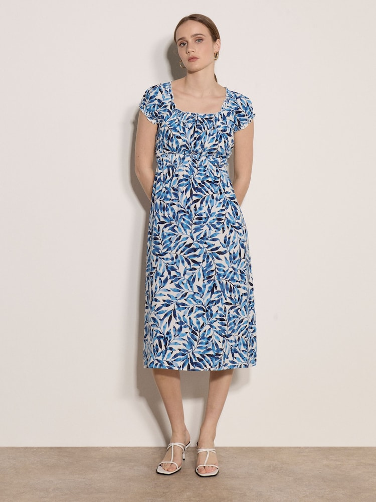 Apricot Blue Watercolour Leaf Midi Dress - Image 1 of 4 Apricot Blue Watercolour Leaf Midi Dress - Image 1 of 4