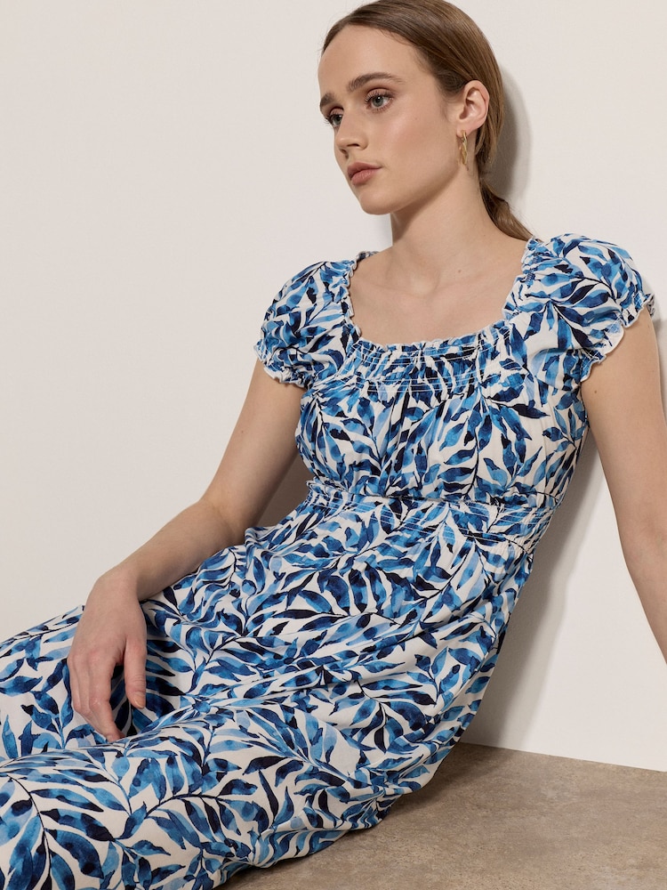 Apricot Blue Watercolour Leaf Midi Dress - Image 4 of 4 Apricot Blue Watercolour Leaf Midi Dress - Image 4 of 4