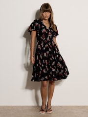 Apricot Black Botanical Floral Smocked Midi Dress - Image 1 of 5