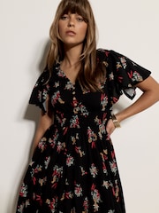Apricot Black Botanical Floral Smocked Midi Dress - Image 3 of 5