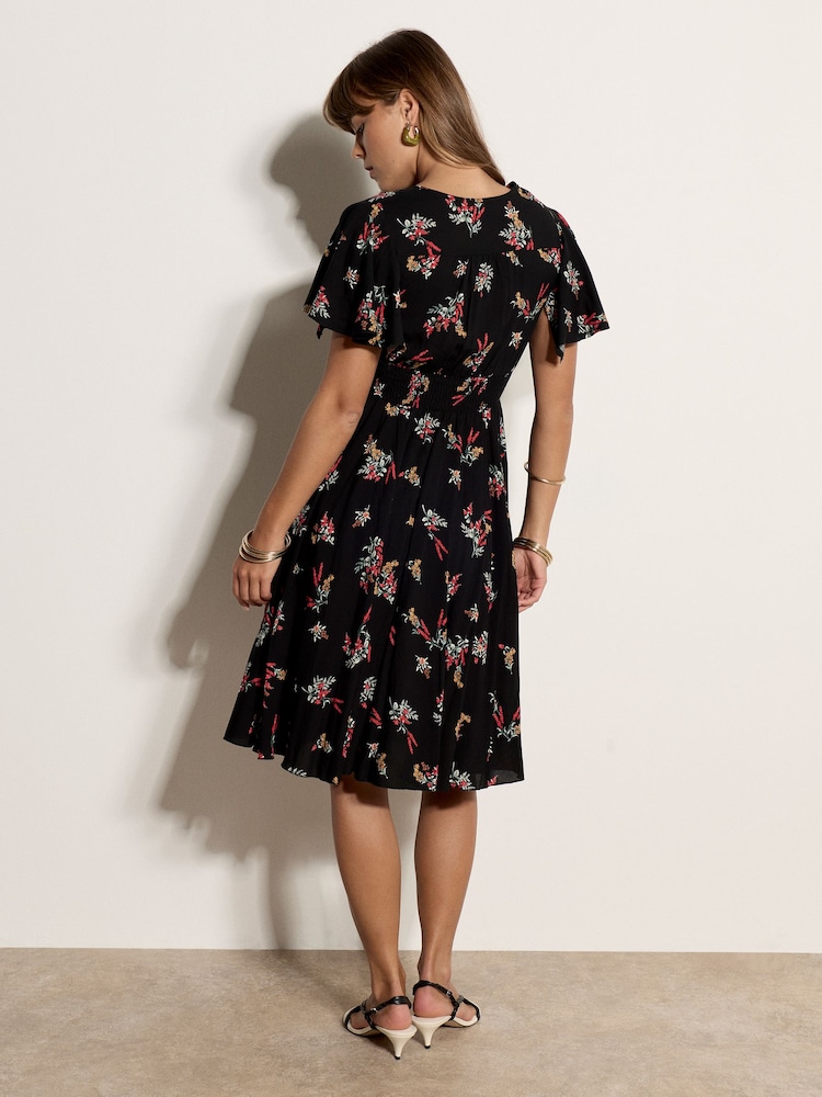 Apricot Black Botanical Floral Smocked Midi Dress - Image 5 of 5 Apricot Black Botanical Floral Smocked Midi Dress - Image 5 of 5