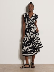 Apricot Black Floral Silhouette Tiered Midi Dress - Image 1 of 4