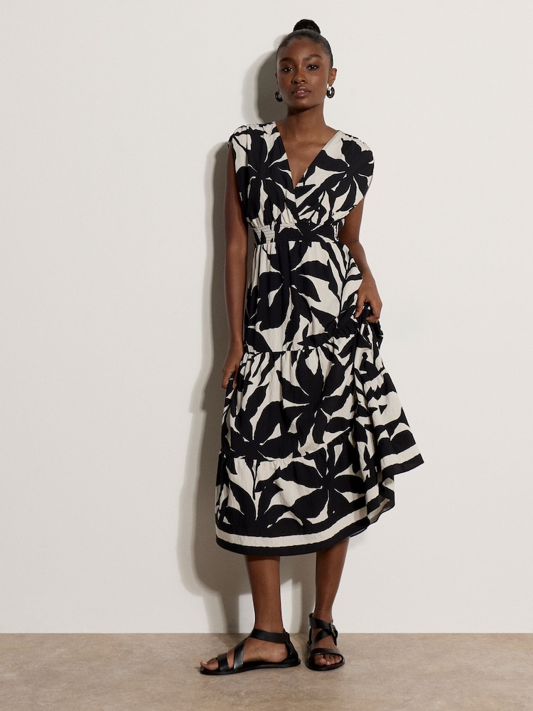 Apricot Black Floral Silhouette Tiered Midi Dress - Image 1 of 4