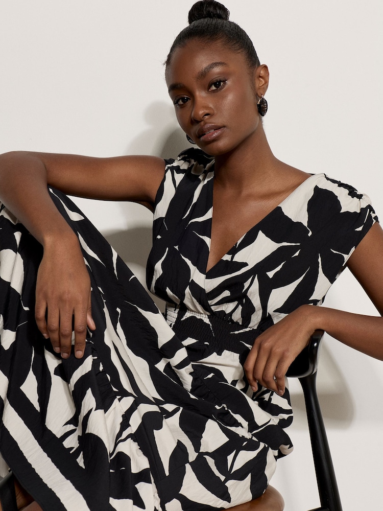 Apricot Black Floral Silhouette Tiered Midi Dress - Image 4 of 4