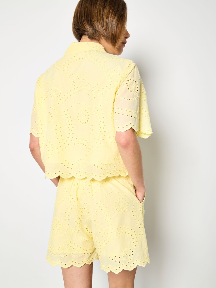 Apricot Yellow Scalloped Cotton Broderie Mini Shorts - Image 2 of 4 Apricot Yellow Scalloped Cotton Broderie Mini Shorts - Image 2 of 4