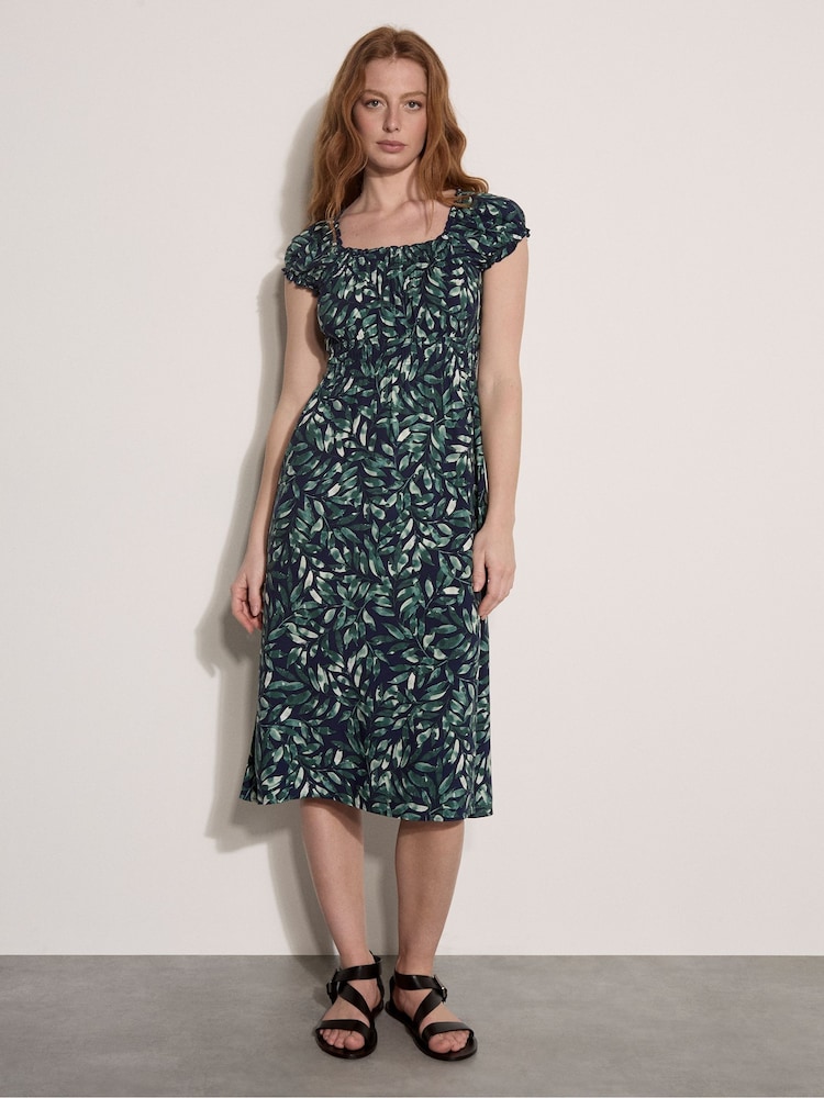 Apricot Dark Blue Watercolour Leaf Midi Dress - Image 1 of 5