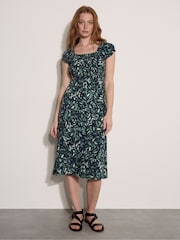 Apricot Dark Blue Watercolour Leaf Midi Dress - Image 3 of 5