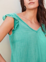 Teal Blue Textured Tie Back Ruffle Sleeve Summer Dress - Image 3 of 4