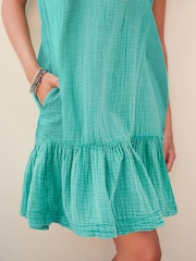Teal Blue Textured Tie Back Ruffle Sleeve Summer Dress - Image 4 of 4